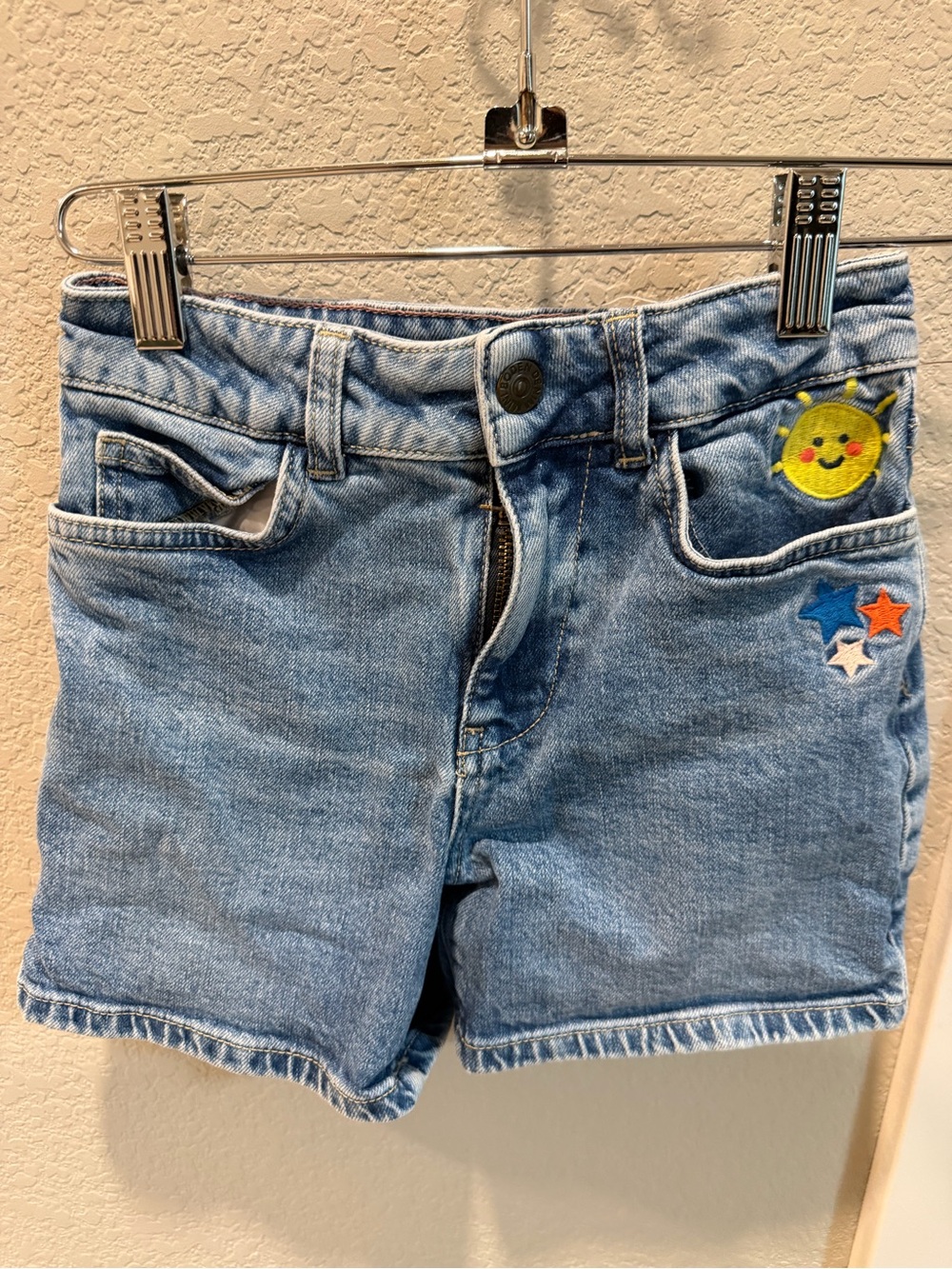 Mini Boden Light Blue Denim Shorts with Sunny Face & Star Embroidery